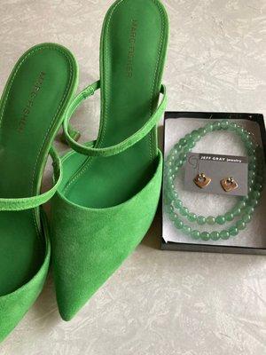 My lovely green mules with an aventurine necklace created by the owner for me paired with earring by Jeff Gray.