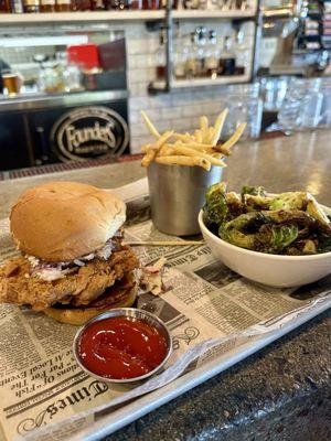 Nashville Hot Honey Fried Chicken Sandwich Delicious side of Crispy Brussels Sprouts added
