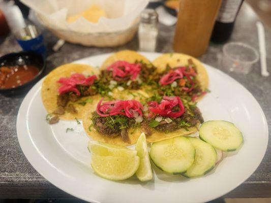 Original price ($11.99) for 5 tacos, two choices of protein. Taco Tuesday special ($7.99) I chose carne asada and cabesa.