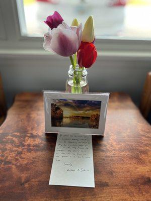 Sweet flowers + card from the owners for a birthday surprise