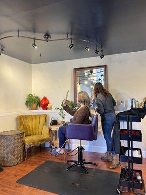 Kate in the chair with Kirby