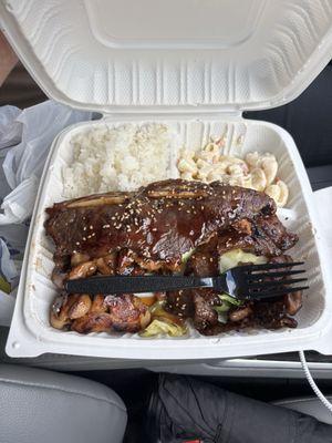 BBQ mix plate (chicken, beef, short rib), 17.50, tasty!