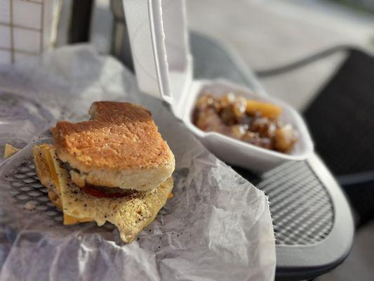 ..what's left of my sausage egg cheese n tomato biscuit and apple pecan cinnamon bun for breakfast dessert!