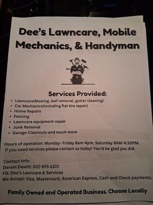 Dee's Lawncare & Mobile Mechanics