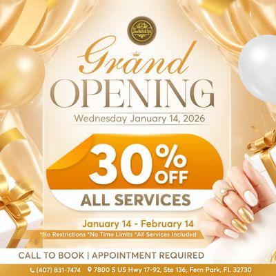 GRAND OPENING - ZENN NAILS & SPA
January 14
30% OFF ALL SERVICES
Valid: Jan 14 - Feb 14
Appointments recommended.