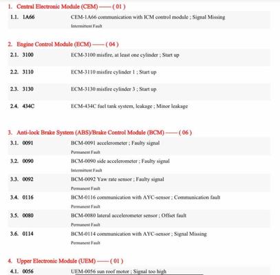 Some of the fault codes from an OBDII reader. No mention that the car was unsafe to drive (ABS not working) and needed major engine work.