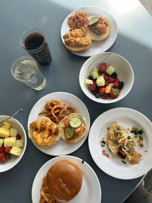 Korean fried chicken sandwich, berries, plant forward tostada