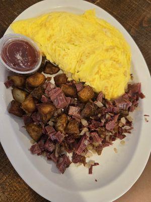 Cheese omelet with in house roasted corned beef hash