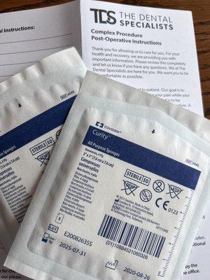 Post-care: complete written instructions, extra gauze, prescriptions, a single-use ice pack (not pictured since I was using it)