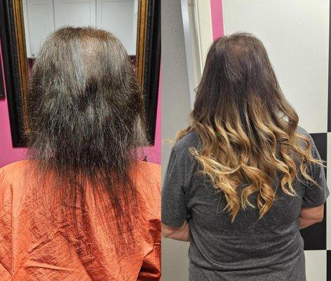 Before and after Tape- In hair extensions and hair color service