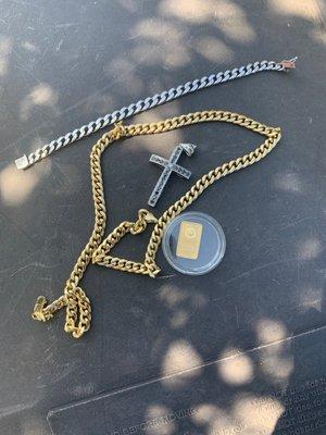 14k yellow cuban necklace 14k cuban bracelet 14k white gold cross with black diamonds Gold bullion