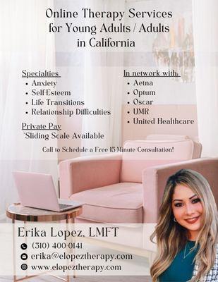 Virtual Therapy services for adults struggling with Low Self-Esteem, Relationship Difficulties and Anxiety in California.