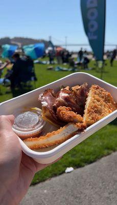 My order during Off the Grid from Aracely Cafe: chicken milanesa with waffles