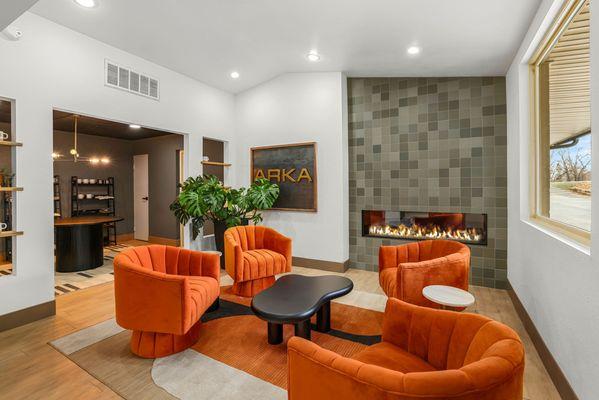 Lobby lounge area with electric fireplace