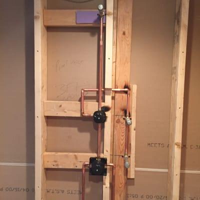 Rough-In for custom shower valve,six way diverter with two body sprays and hand held shower head.