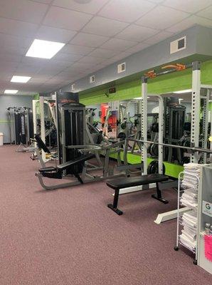 Racks, benches, smith machine, hack squat, plate loaded, and dual cable machines.