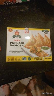 This is a box of samosas. This is an item that a lot of people probably from the South Asia region like to eat.