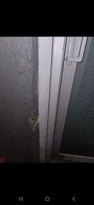 Damage on the left from installation.  Hired through Lowe's. Left materials here after many calls. They do not return calls.