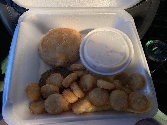 Sausage platter, 1x sausage, 2x eggs, hash browns, biscuit and gravy. Really good for $3