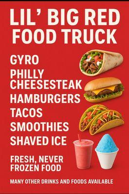 Gyro. Tacos. Hamburgers, Philly cheesesteak, smoothies, shaved ice