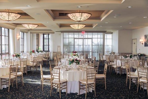 Reception Set up. Bayside Room at Portofino Hotel and Marina. Flower by: Bloombabes. Photo by: Evoke Photography.