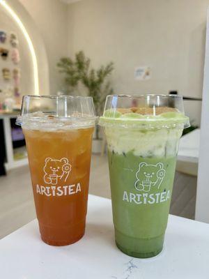 Strawberry peach orange fruit tea ($6.50) and Banana pudding matcha ($8.50)