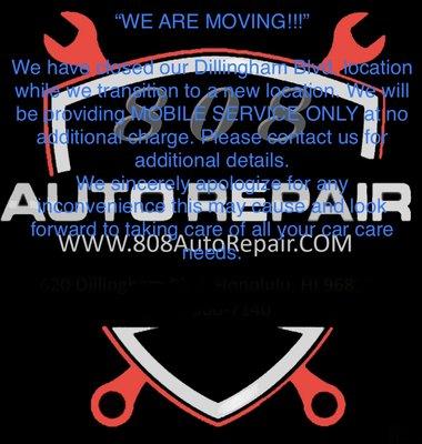 While in transition to our new location, we are providing mobile service at no added cost (includes oil change). Call us for more details.