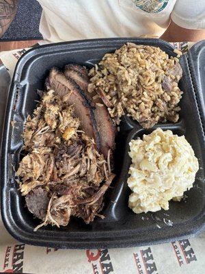 2 Double Meat Combo with pulled pork, brisket, Mac, and jambalaya