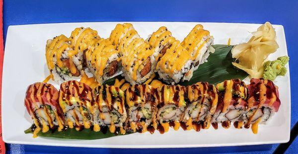 Spicy Tuna Roll (back) and Kamikaze Roll (front) at Megumi Emerson