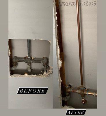 (Before/ After) 3 handle shower valve installed from the closet wall behind the shower enclosure.