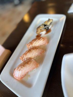 Cajun salmon and unagi nigiri
