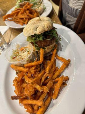 Shrimp burger with sweet potato fries