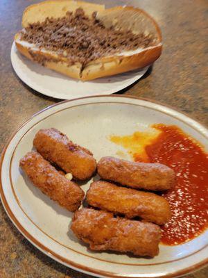 Cheese steak and mozzarella sticks