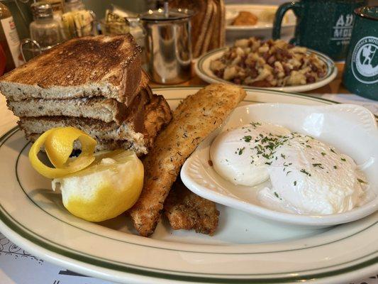 Full trout, poached eggs, fresh rye toast and homemade corned beef hash.