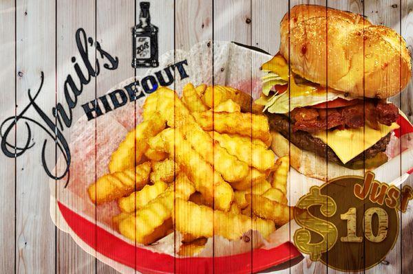 1/3 Lb Bacon Cheeseburger with fries and all the toppings $10.00 all day everyday