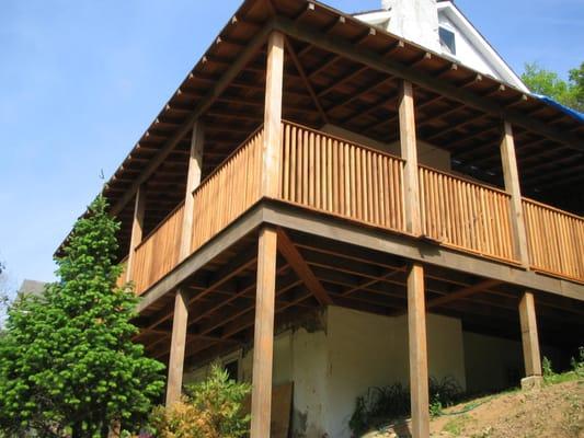 finished porch; salvaged wood used to build porch;