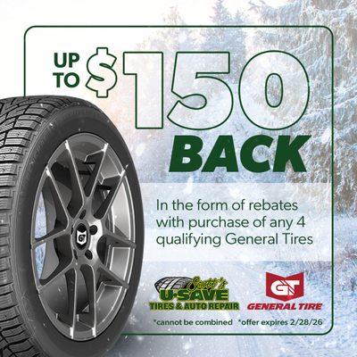 Save $150 off on four General Tires in January and February.