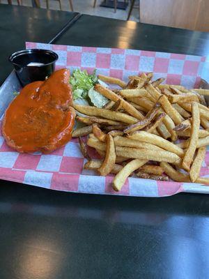 Fried chicken sandwich with fries no bread with buffalo sauce