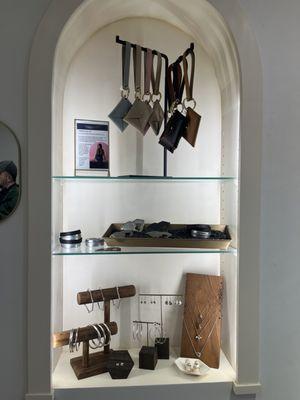 Display of handmade jewelry and wallets