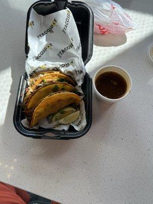 3 birria tacos with consumé ($15)