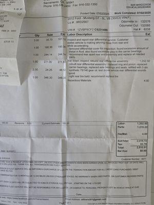 Recipts of engine rebuild and bad differential