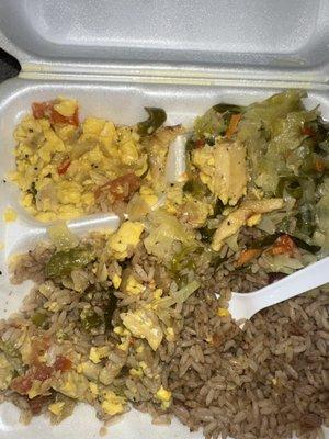 Soggy ackee and cabbage, dry rice