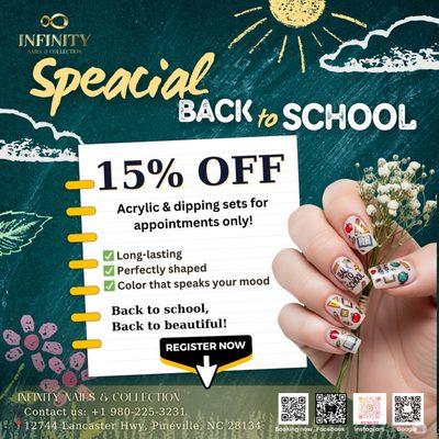 SPECIAL BACK TO SCHOOL OFFER - 15% OFF!
Back to school, back to beautiful
Book now to secure your appointment and save 15%!