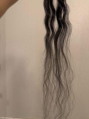 The hair is thicker towards at the top, by the weft is but the ends are stringy, thin and scraggly.