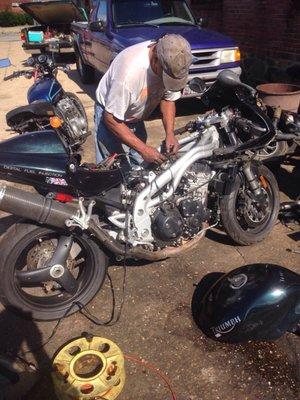 My little girl Daphne (2002 Triumph Daytona 955i) being repaired at Baltimore cycle salvage!