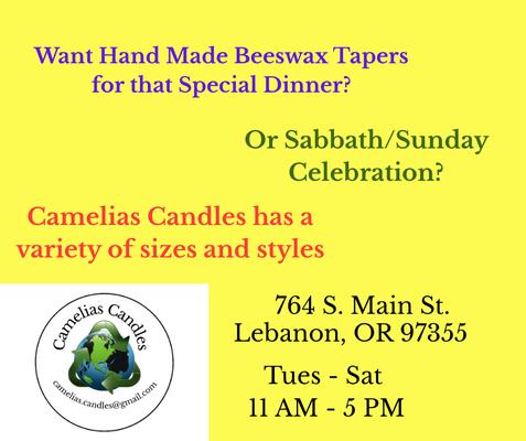 Camelias Candles is your place for Beeswax Tapers.  These are great for special occasion dinners, Sabbath or Sunday & Lenten  Devotionals