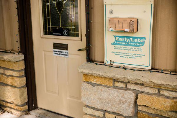 If you arrive before or after our regular hours, simply fill out a card, place your keys in the envelope, and drop it in our mail slot.