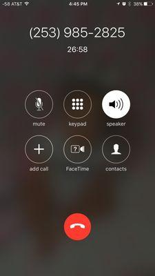 How long I was placed on hold. I think she forgot about me and hoped I would hang up.. it worked.