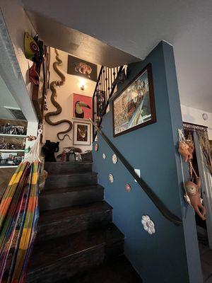 Bottom part of stairway with wall hand rail.