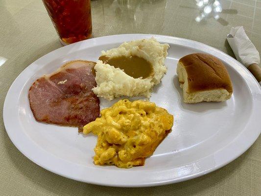 Country Ham Plate with Mashed Potatoes and Gravy , Mac-n-Cheese , Roll , and Sweet Tea